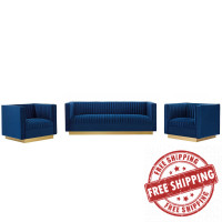 Modway EEI-4144-NAV-SET Navy Sanguine 3 Piece Vertical Channel Tufted Upholstered Performance Velvet Set