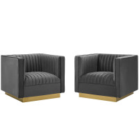 Modway EEI-4145-GRY Gray Sanguine Vertical Channel Tufted Upholstered Performance Velvet Armchair Set of 2
