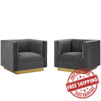 Modway EEI-4145-GRY Gray Sanguine Vertical Channel Tufted Upholstered Performance Velvet Armchair Set of 2