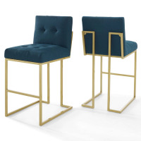 Modway EEI-4157-GLD-AZU Gold Azure Privy Gold Stainless Steel Performance Velvet Bar Stool Set of 2