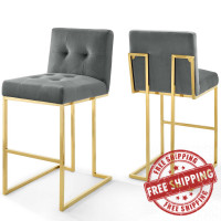 Modway EEI-4158-GLD-CHA Gold Charcoal Privy Gold Stainless Steel Performance Velvet Bar Stool Set of 2