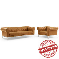 Modway EEI-4191-TAN-SET Tan Idyll Tufted Upholstered Leather Sofa and Armchair Set