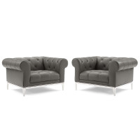 Modway EEI-4195-GRY Gray Idyll Tufted Upholstered Leather Armchair Set of 2