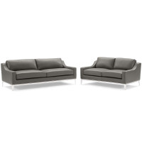 Modway EEI-4196-GRY-SET Gray Harness Stainless Steel Base Leather Sofa and Loveseat Set