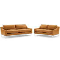 Modway EEI-4196-TAN-SET Tan Harness Stainless Steel Base Leather Sofa and Loveseat Set
