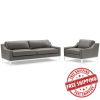 Modway EEI-4198-GRY-SET Gray Harness Stainless Steel Base Leather Sofa & Armchair Set