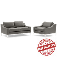 Modway EEI-4200-GRY-SET Gray Harness Stainless Steel Base Leather Loveseat & Armchair Set