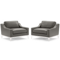 Modway EEI-4202-GRY Gray Harness Stainless Steel Base Leather Armchair Set of 2