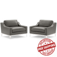 Modway EEI-4202-GRY Gray Harness Stainless Steel Base Leather Armchair Set of 2