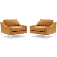 Modway EEI-4202-TAN Tan Harness Stainless Steel Base Leather Armchair Set of 2
