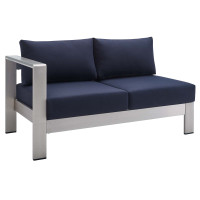 Modway EEI-4223-SLV-NAV Silver Navy Shore Sunbrella® Fabric Aluminum Outdoor Patio Left-Arm Loveseat