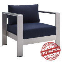 Modway EEI-4225-SLV-NAV Silver Navy Shore Sunbrella® Fabric Aluminum Outdoor Patio Armchair