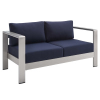 Modway EEI-4226-SLV-NAV Silver Navy Shore Sunbrella® Fabric Aluminum Outdoor Patio Loveseat