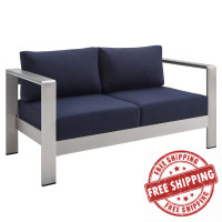 Modway EEI-4226-SLV-NAV Silver Navy Shore Sunbrella® Fabric Aluminum Outdoor Patio Loveseat