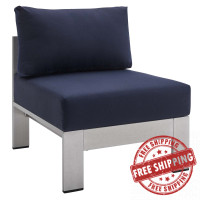 Modway EEI-4227-SLV-NAV Silver Navy Shore Sunbrella® Fabric Aluminum Outdoor Patio Armless Chair