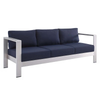 Modway EEI-4228-SLV-NAV Silver Navy Shore Sunbrella® Fabric Aluminum Outdoor Patio Sofa