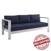 Modway EEI-4228-SLV-NAV Silver Navy Shore Sunbrella® Fabric Aluminum Outdoor Patio Sofa