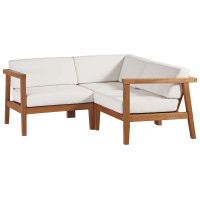 Modway EEI-4258-NAT-WHI-SET Natural White Bayport Outdoor Patio Teak Wood 3-Piece Sectional Sofa Set