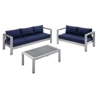 Modway EEI-4313-SLV-NAV-SET Silver Navy Shore Sunbrella® Fabric Outdoor Patio Aluminum 3 Piece Set