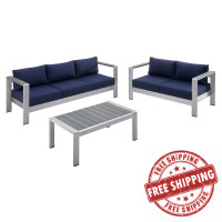 Modway EEI-4313-SLV-NAV-SET Silver Navy Shore Sunbrella® Fabric Outdoor Patio Aluminum 3 Piece Set