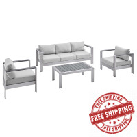 Modway EEI-4316-SLV-GRY-SET Silver Gray Shore Sunbrella® Fabric Outdoor Patio Aluminum 4 Piece Set