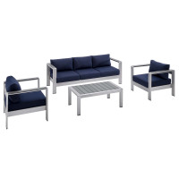 Modway EEI-4316-SLV-NAV-SET Silver Navy Shore Sunbrella® Fabric Outdoor Patio Aluminum 4 Piece Set