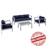 Modway EEI-4316-SLV-NAV-SET Silver Navy Shore Sunbrella® Fabric Outdoor Patio Aluminum 4 Piece Set