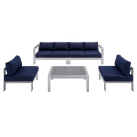 Modway EEI-4318-SLV-NAV-SET Silver Navy Shore Sunbrella® Fabric Outdoor Patio Aluminum 5 Piece Sectional Sofa Set