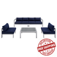 Modway EEI-4318-SLV-NAV-SET Silver Navy Shore Sunbrella® Fabric Outdoor Patio Aluminum 5 Piece Sectional Sofa Set