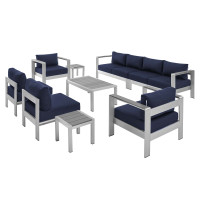 Modway EEI-4320-SLV-NAV-SET Silver Navy Shore Sunbrella® Fabric Outdoor Patio Aluminum 9 Piece Sectional Sofa Set