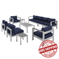 Modway EEI-4320-SLV-NAV-SET Silver Navy Shore Sunbrella® Fabric Outdoor Patio Aluminum 9 Piece Sectional Sofa Set