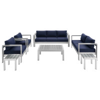 Modway EEI-4322-SLV-NAV-SET Silver Navy Shore Sunbrella® Fabric Outdoor Patio Aluminum 7 Piece Set