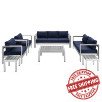 Modway EEI-4322-SLV-NAV-SET Silver Navy Shore Sunbrella® Fabric Outdoor Patio Aluminum 7 Piece Set