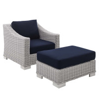 Modway EEI-4354-LGR-NAV Light Gray Navy Conway Sunbrella® Outdoor Patio Wicker Rattan 2-Piece Armchair and Ottoman Set