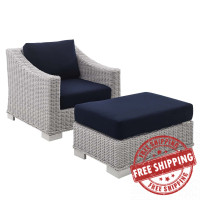 Modway EEI-4354-LGR-NAV Light Gray Navy Conway Sunbrella® Outdoor Patio Wicker Rattan 2-Piece Armchair and Ottoman Set