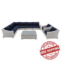 Modway EEI-4360-LGR-NAV Light Gray Navy Conway Sunbrella® Outdoor Patio Wicker Rattan 9-Piece Sectional Sofa Set