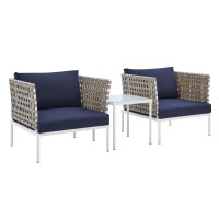 Modway EEI-4685-TAN-NAV-SET Tan Navy Harmony 3-Piece  Sunbrella® Basket Weave Outdoor Patio Aluminum Seating Set