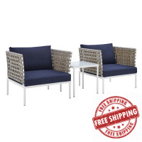 Modway EEI-4685-TAN-NAV-SET Tan Navy Harmony 3-Piece  Sunbrella® Basket Weave Outdoor Patio Aluminum Seating Set