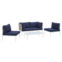 Modway EEI-4689-TAN-NAV-SET Tan Navy Harmony 4-Piece  Sunbrella® Basket Weave Outdoor Patio Aluminum Seating Set