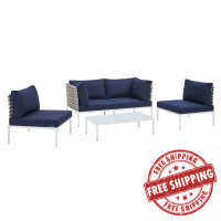 Modway EEI-4689-TAN-NAV-SET Tan Navy Harmony 4-Piece  Sunbrella® Basket Weave Outdoor Patio Aluminum Seating Set