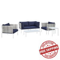 Modway EEI-4692-TAU-NAV-SET Taupe Navy Harmony 5-Piece  Sunbrella® Basket Weave Outdoor Patio Aluminum Seating Set