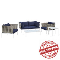 Modway EEI-4693-TAN-NAV-SET Tan Navy Harmony 5-Piece  Sunbrella® Basket Weave Outdoor Patio Aluminum Seating Set