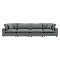 Modway EEI-4916-GRY Commix Down Filled Overstuffed Vegan Leather 4-Seater Sofa Gray