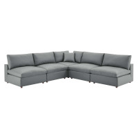 Modway EEI-4919-GRY Commix Down Filled Overstuffed Vegan Leather 5-Piece Sectional Sofa Gray