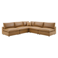 Modway EEI-4919-TAN Commix Down Filled Overstuffed Vegan Leather 5-Piece Sectional Sofa Tan