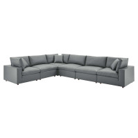 Modway EEI-4921-GRY Commix Down Filled Overstuffed Vegan Leather 6-Piece Sectional Sofa Gray