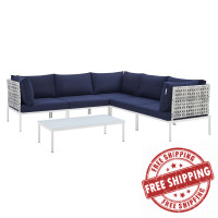 Modway EEI-4926-TAU-NAV-SET Taupe Navy Harmony 6-Piece  Sunbrella® Basket Weave Outdoor Patio Aluminum Sectional Sofa Set