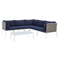 Modway EEI-4927-TAN-NAV-SET Tan Navy Harmony 6-Piece  Sunbrella® Basket Weave Outdoor Patio Aluminum Sectional Sofa Set