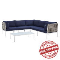 Modway EEI-4927-TAN-NAV-SET Tan Navy Harmony 6-Piece  Sunbrella® Basket Weave Outdoor Patio Aluminum Sectional Sofa Set