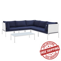 Modway EEI-4928-WHI-NAV-SET White Navy Harmony 6-Piece  Sunbrella® Outdoor Patio Aluminum Sectional Sofa Set